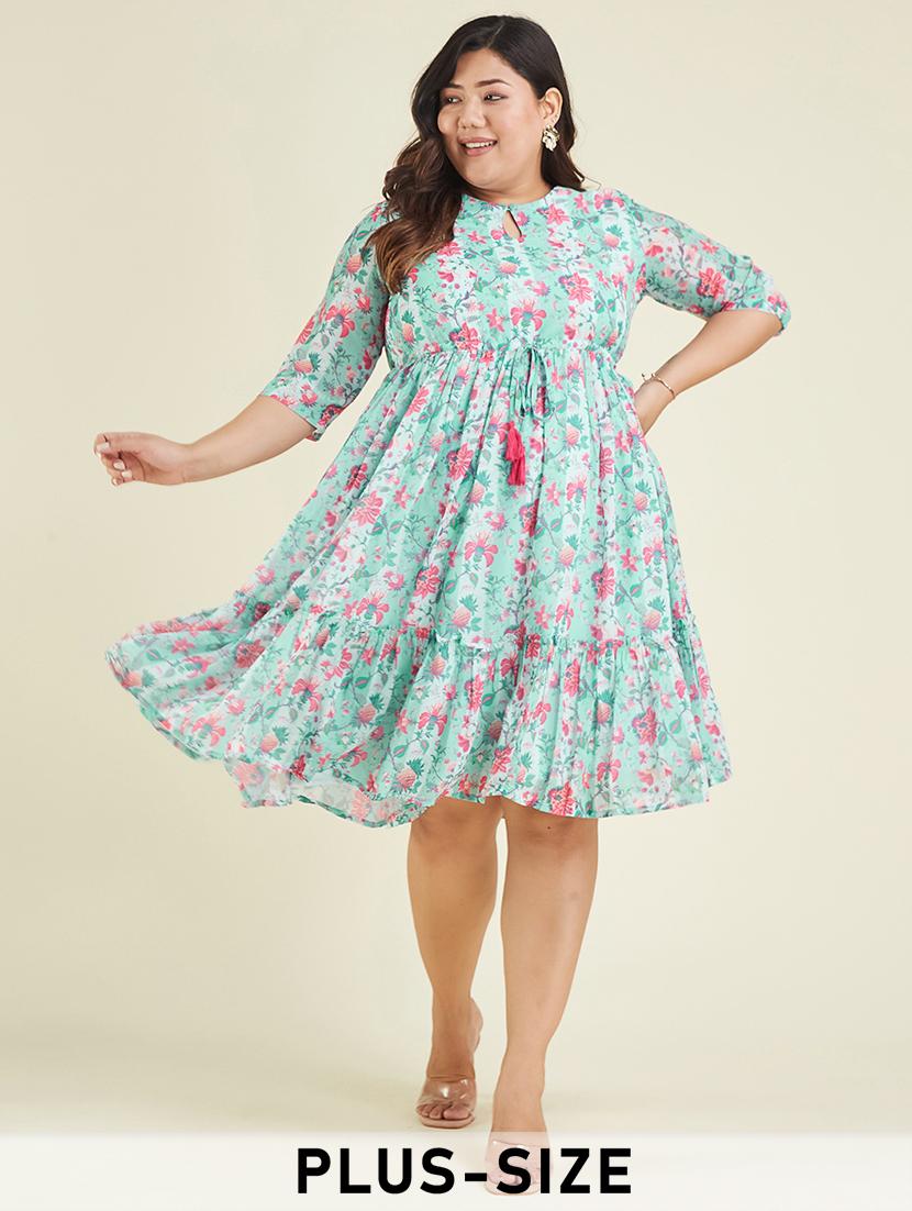 women plus size floral printed three quarter sleeve tiered dress - 22007304 -  Zoom Image - 0