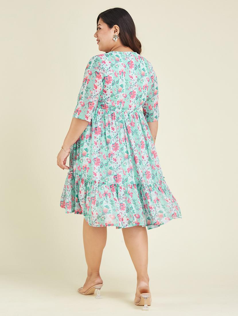 women plus size floral printed three quarter sleeve tiered dress - 22007304 - Standard Image - 3