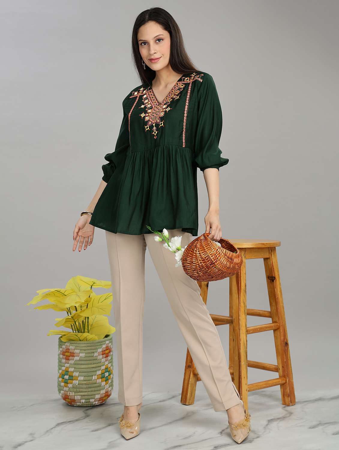 women solid with work puff sleeve ethnic top - 22007720 -  Standard Image - 5
