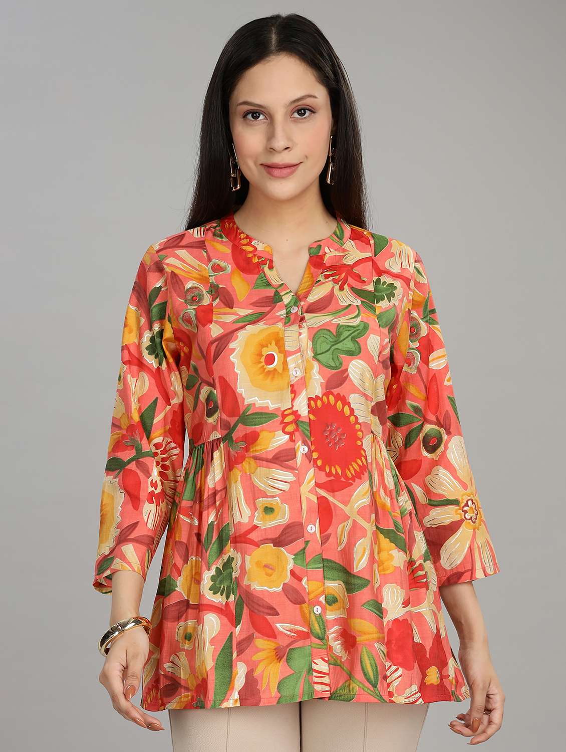 women floral printed three quarter sleeve ethnic top