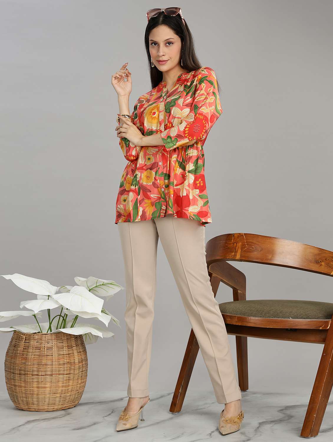 women floral printed three quarter sleeve ethnic top - 22007728 -  Standard Image - 5