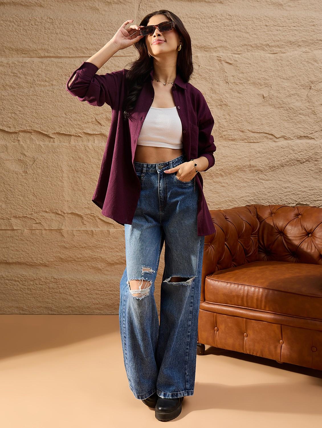 women solid collared long sleeve oversized shirt - 22007741 - Standard Image - 5