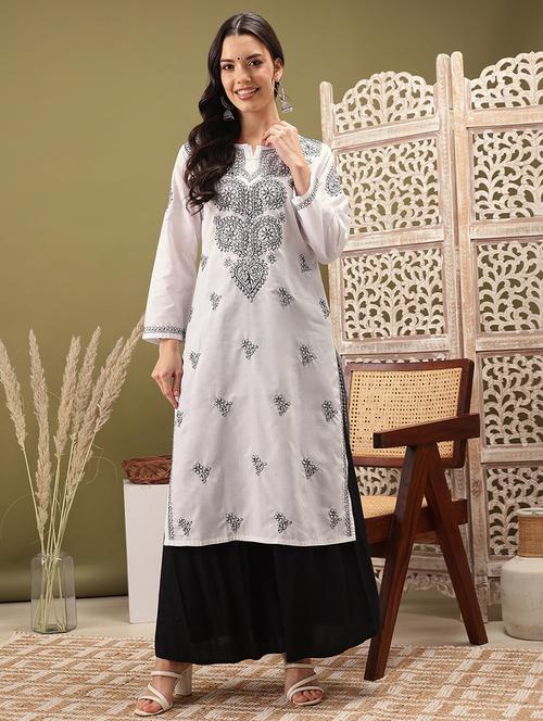 women solid with work long sleeve chikankari kurta - 22007782 -  Standard Image - 0