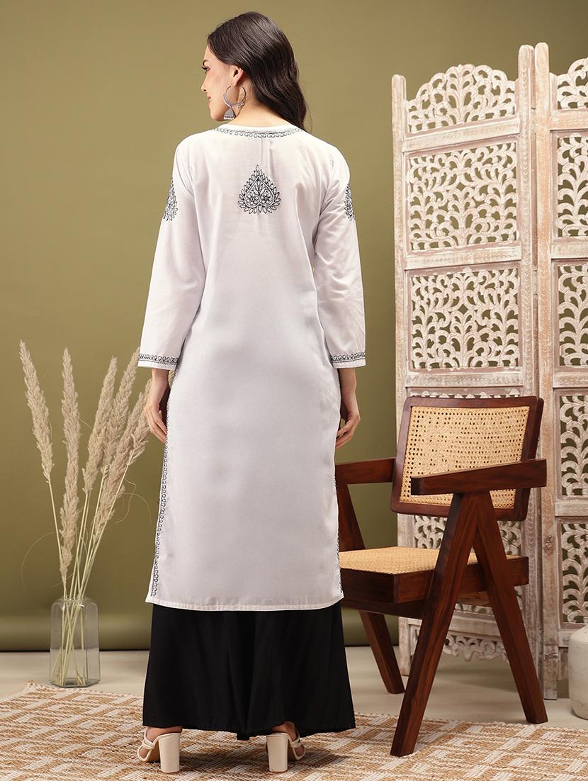 women solid with work long sleeve chikankari kurta - 22007782 - Standard Image - 3