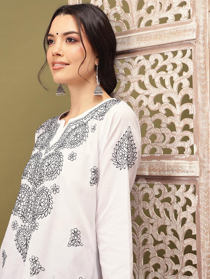 women solid with work long sleeve chikankari kurta - 22007782 - Standard Image - 5