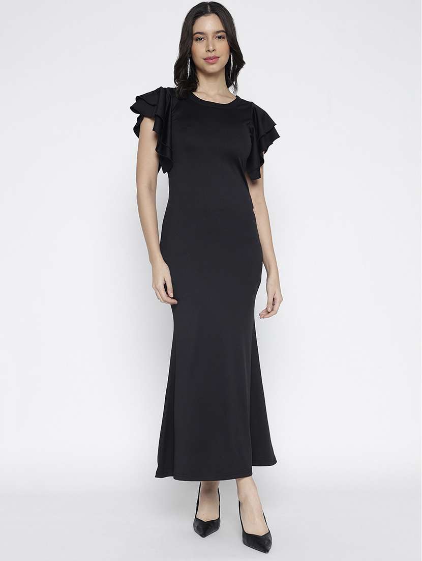 women black solid ruffle sleeve a-line dress