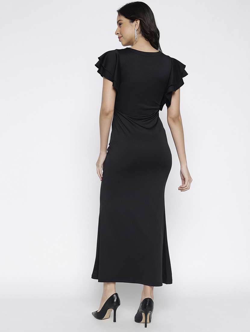 women black solid ruffle sleeve a-line dress - 22007783 -  Standard Image - 3