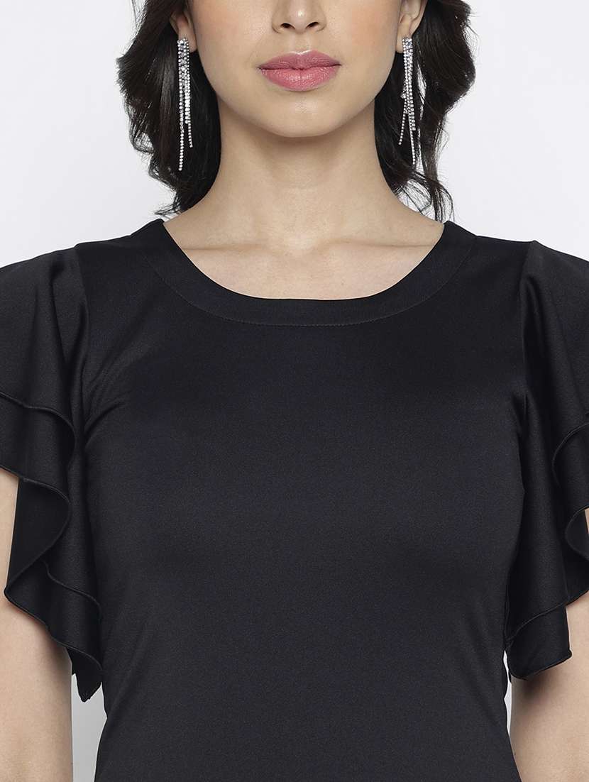 women black solid ruffle sleeve a-line dress - 22007783 -  Standard Image - 5