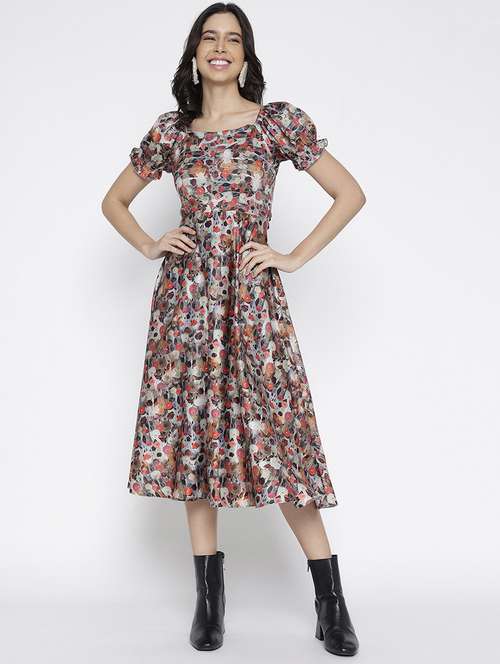 women printed puff sleevefit & flare dress - 22007786 -  Standard Image - 0