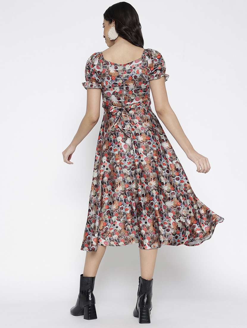 women printed puff sleevefit & flare dress - 22007786 -  Standard Image - 3