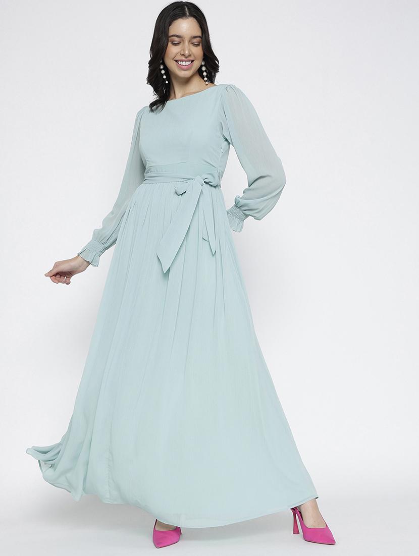 women solid bishop sleeve maxi fit & flare dress