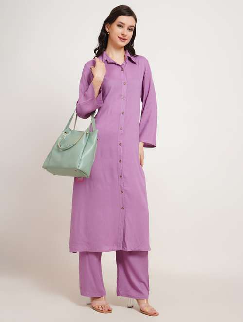 women solid long sleeve kurta pant set - 22007890 -  Standard Image - 0