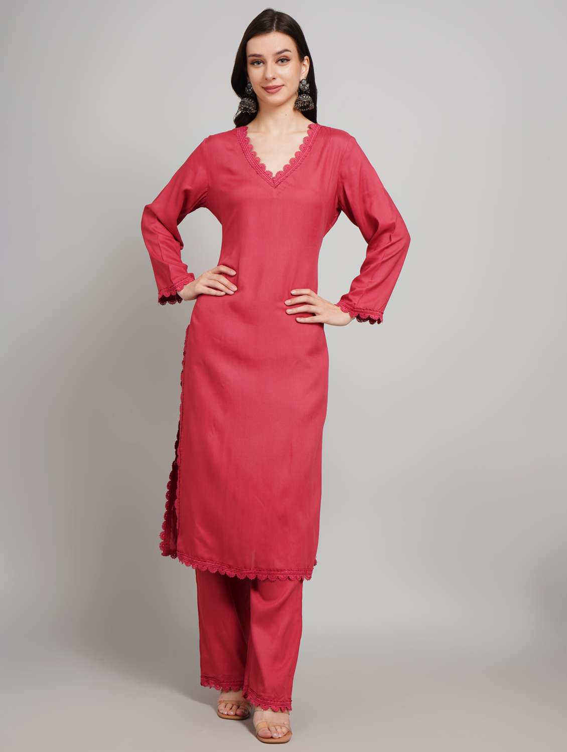 women solid long sleeve kurta pant set - 22007896 - Zoom Image - 0