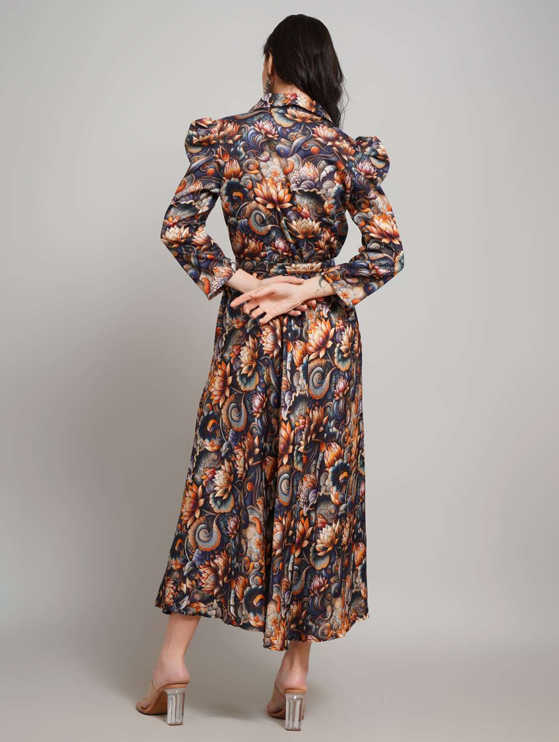 women floral printed lapel collar fit & flare dress - 22007904 - Standard Image - 3