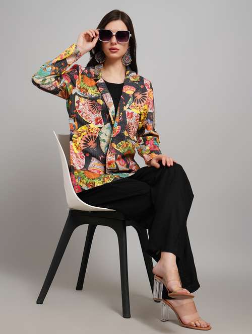 women solid sleeveless jumpsuit with printed blazer - 22007907 - Standard Image - 0