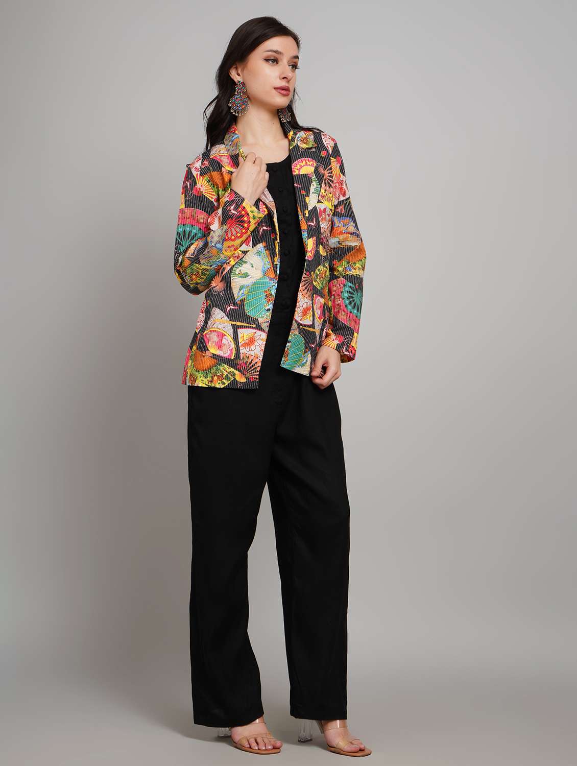 women solid sleeveless jumpsuit with printed blazer - 22007907 - Standard Image - 3