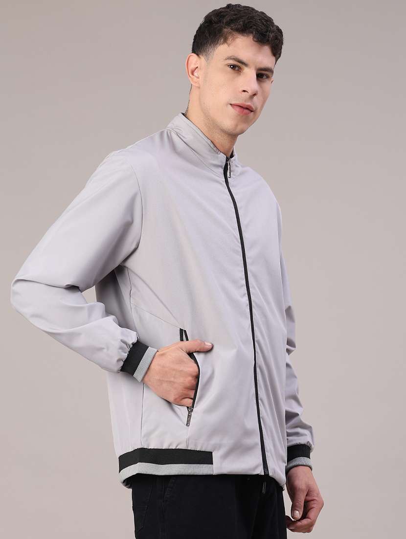 men solid stand collared long sleeve bomber jacket - 22007997 -  Standard Image - 3