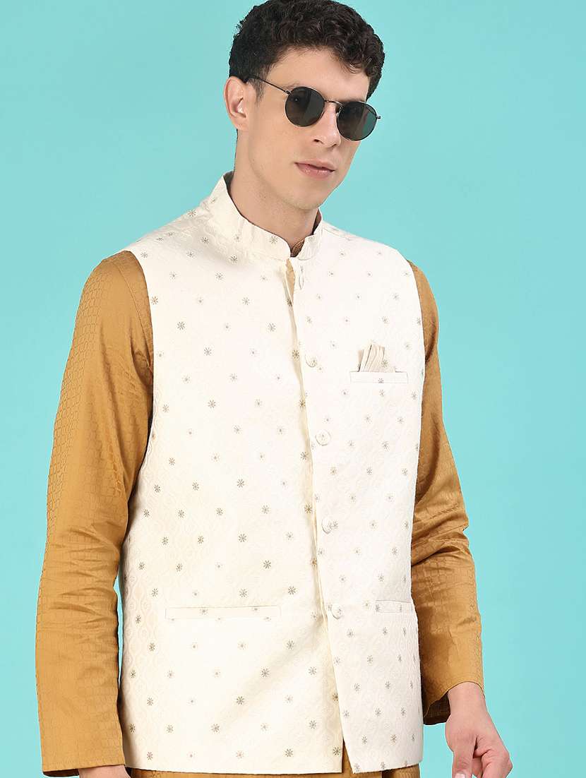 men solid with work mandarin neck regular fit nehru jacket