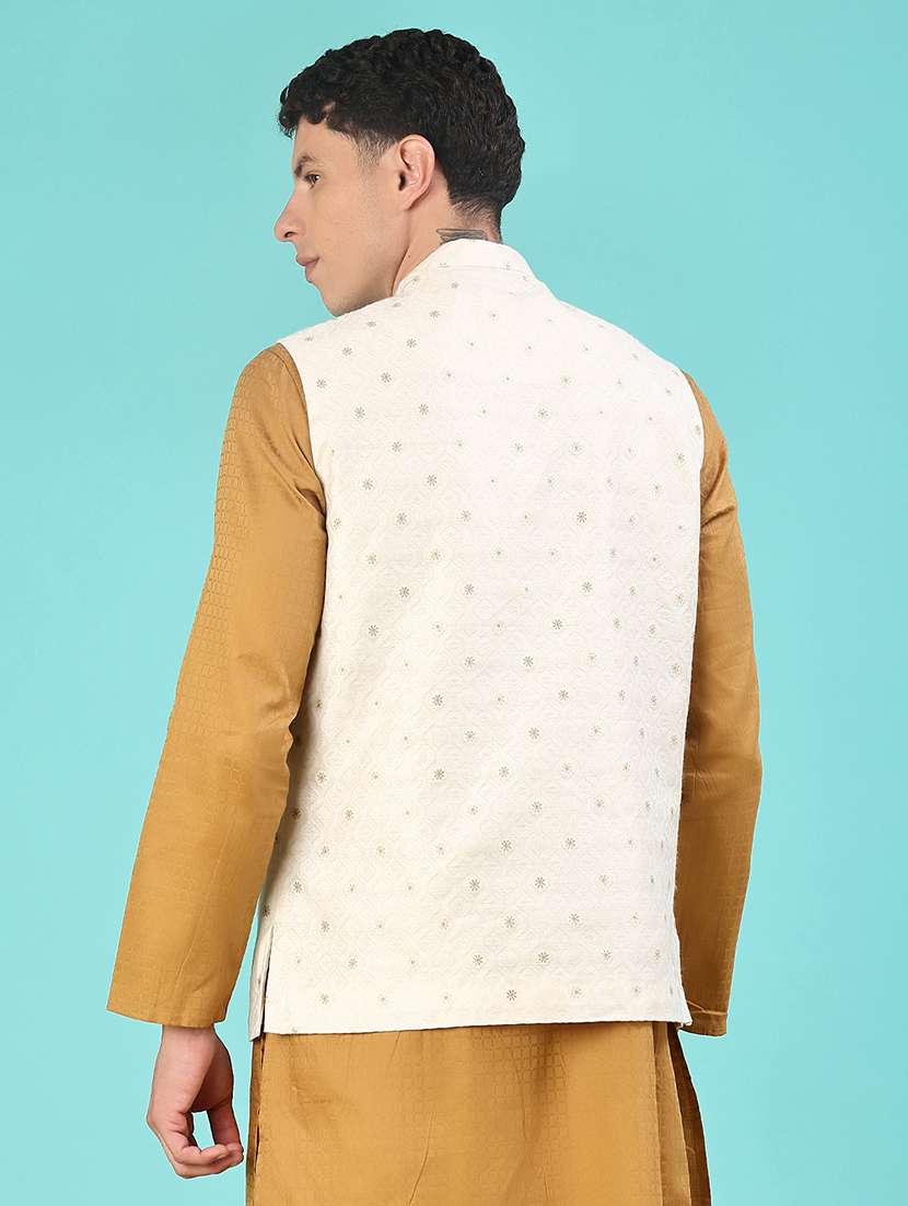 men solid with work mandarin neck regular fit nehru jacket - 22008030 -  Standard Image - 3