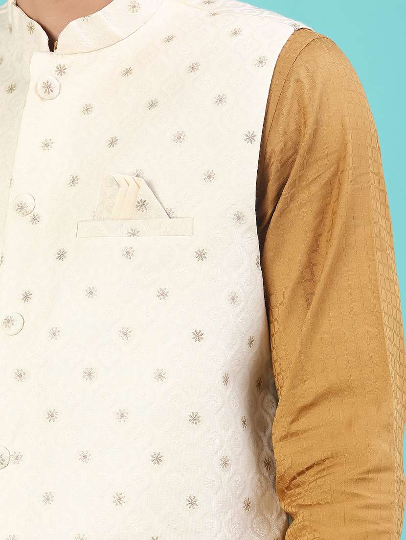 men solid with work mandarin neck regular fit nehru jacket - 22008030 -  Standard Image - 5