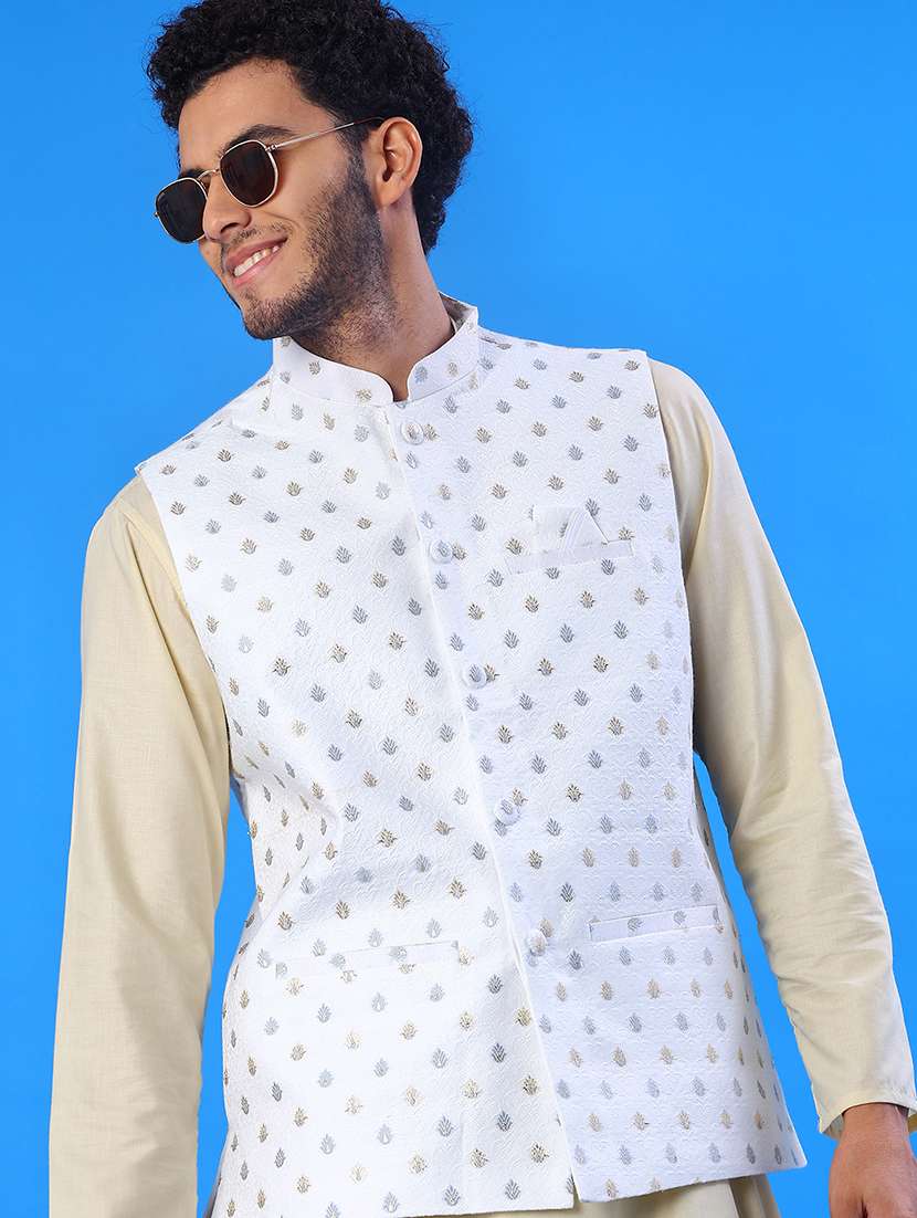 men solid with work mandarin neck regular fit nehru jacket - 22008031 -  Zoom Image - 0