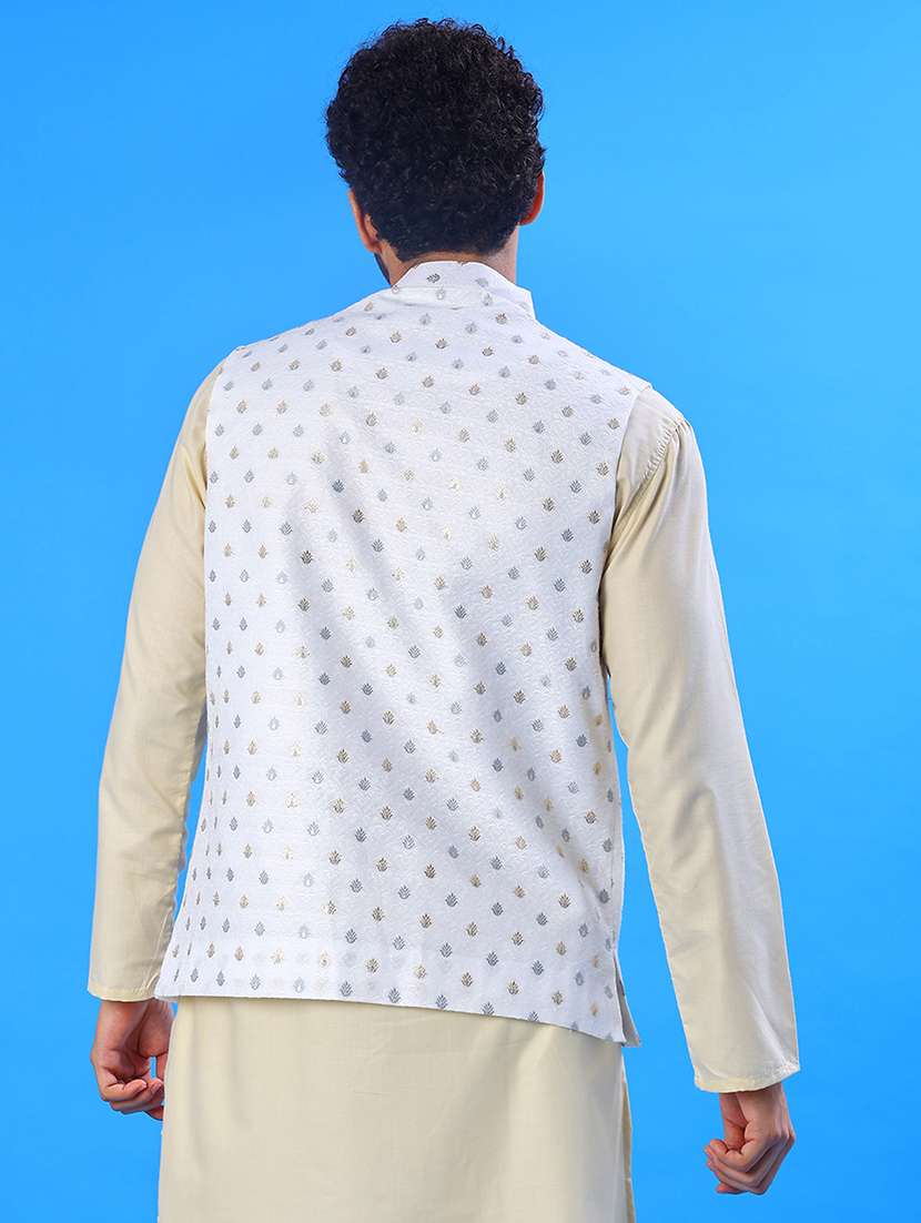 men solid with work mandarin neck regular fit nehru jacket - 22008031 -  Standard Image - 3