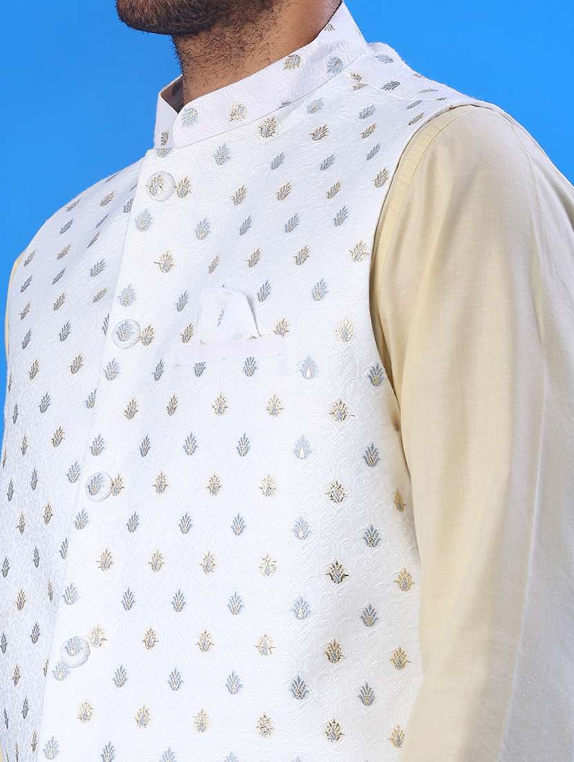 men solid with work mandarin neck regular fit nehru jacket - 22008031 -  Standard Image - 5