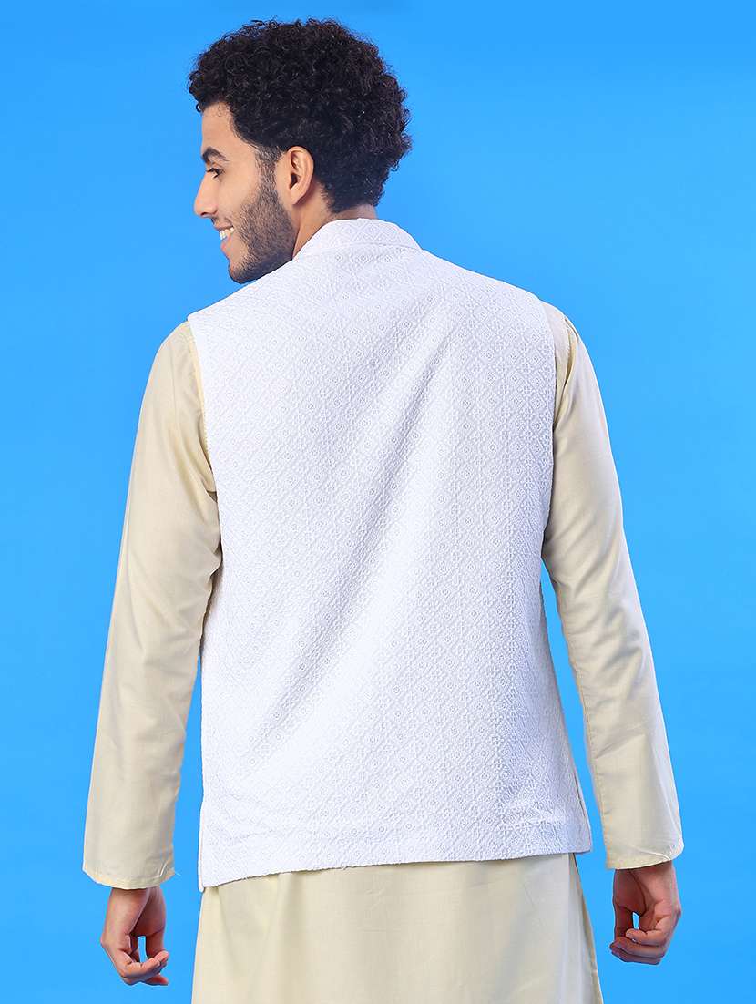 men solid with work mandarin neck regular fit nehru jacket - 22008032 -  Standard Image - 3