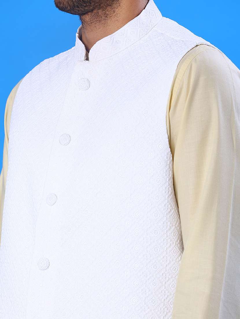 men solid with work mandarin neck regular fit nehru jacket - 22008032 -  Standard Image - 5