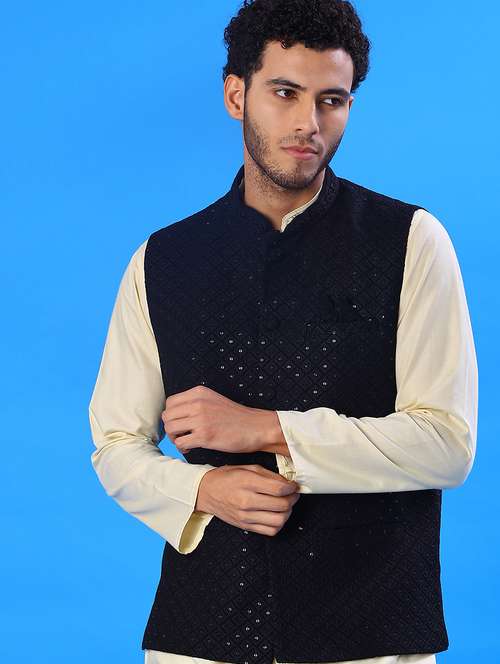 men solid with work mandarin neck regular fit nehru jacket - 22008033 -  Standard Image - 0