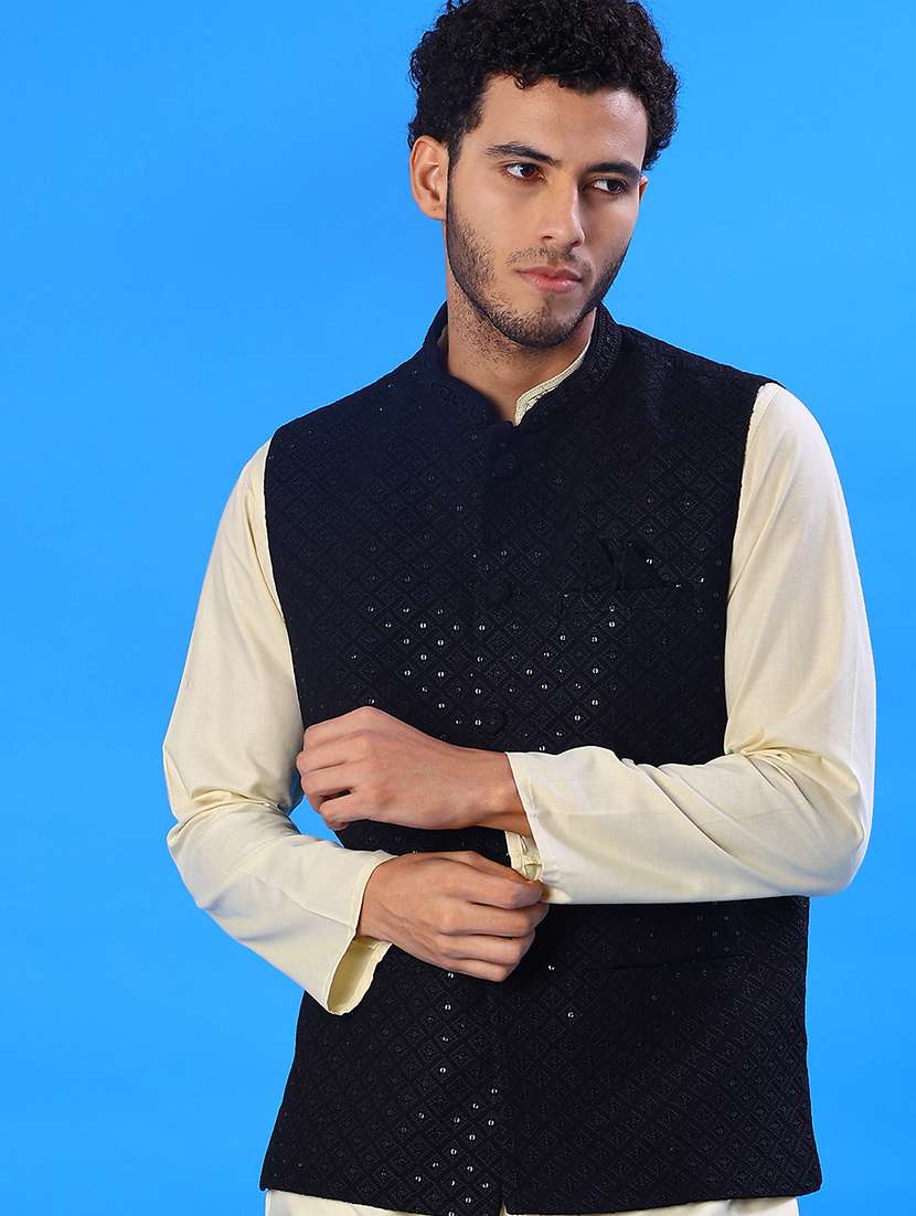 men solid with work mandarin neck regular fit nehru jacket