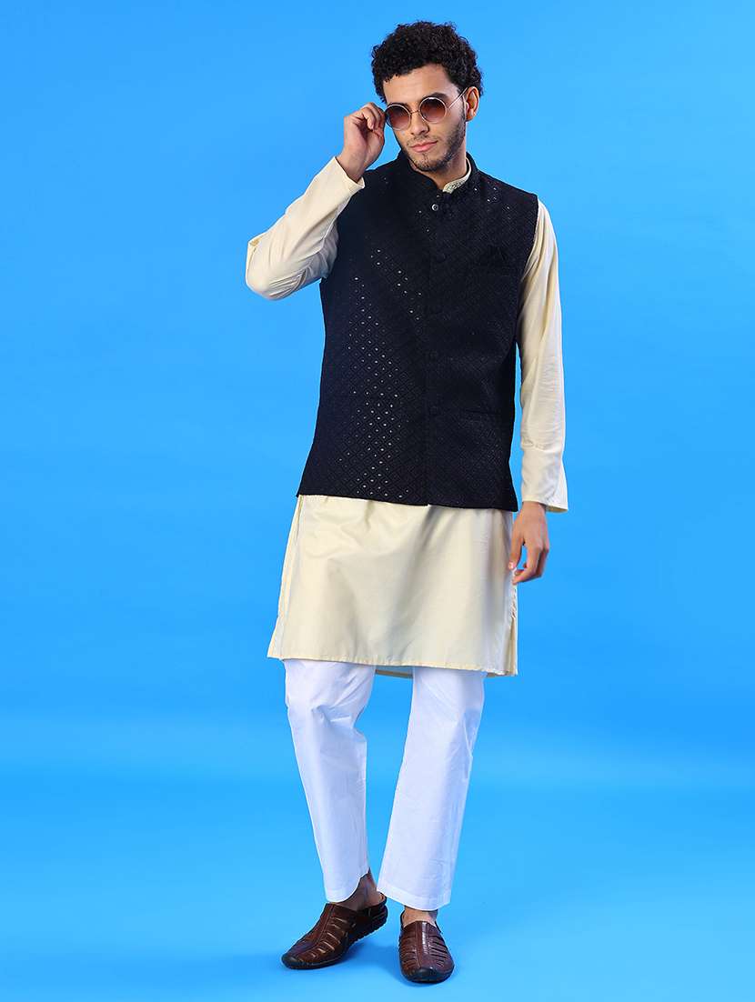 men solid with work mandarin neck regular fit nehru jacket - 22008033 -  Standard Image - 3