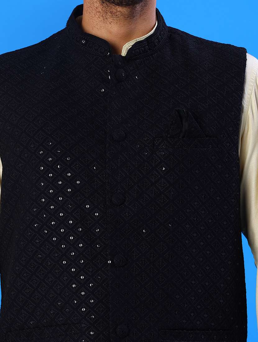 men solid with work mandarin neck regular fit nehru jacket - 22008033 -  Standard Image - 5