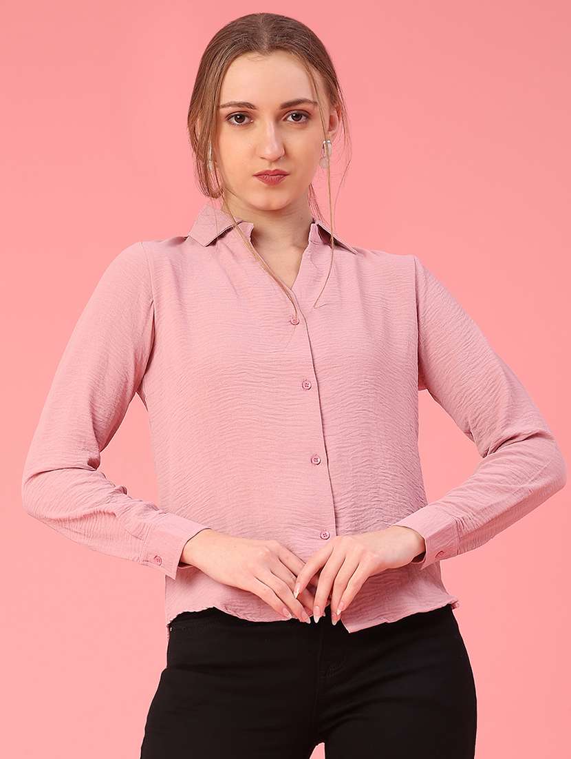 women solid collared long sleeve high low shirt