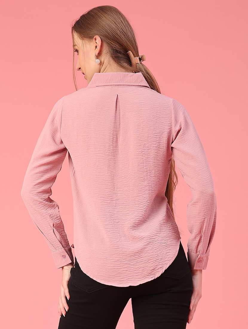 women solid collared long sleeve high low shirt - 22008174 -  Standard Image - 3