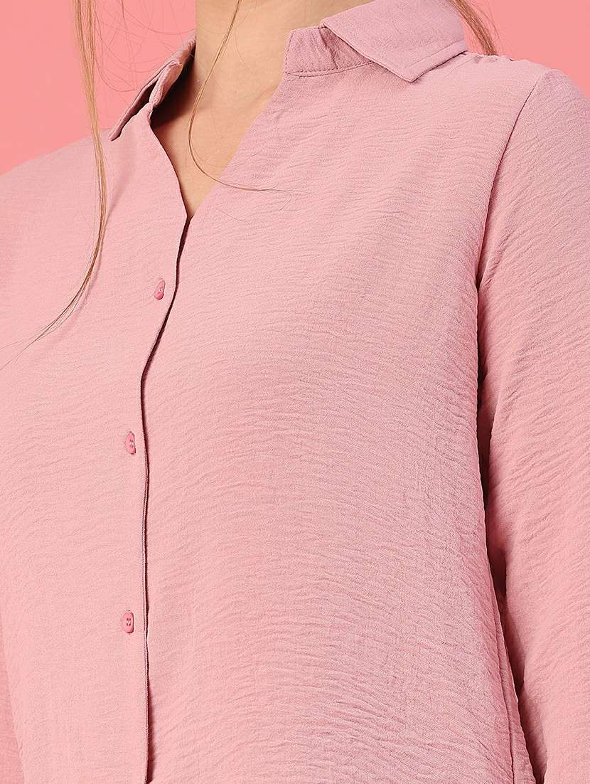 women solid collared long sleeve high low shirt - 22008174 -  Standard Image - 5