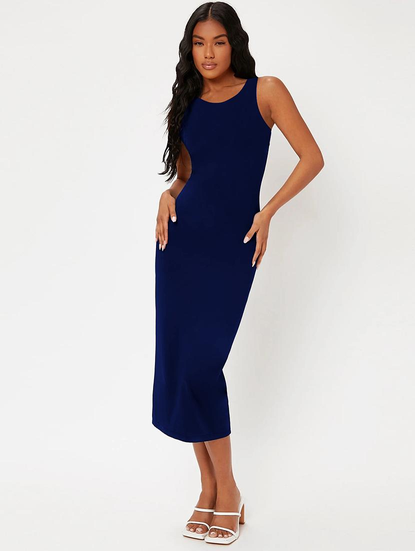 women solid round neck slim fit bodycon dress - 22008240 -  Zoom Image - 0