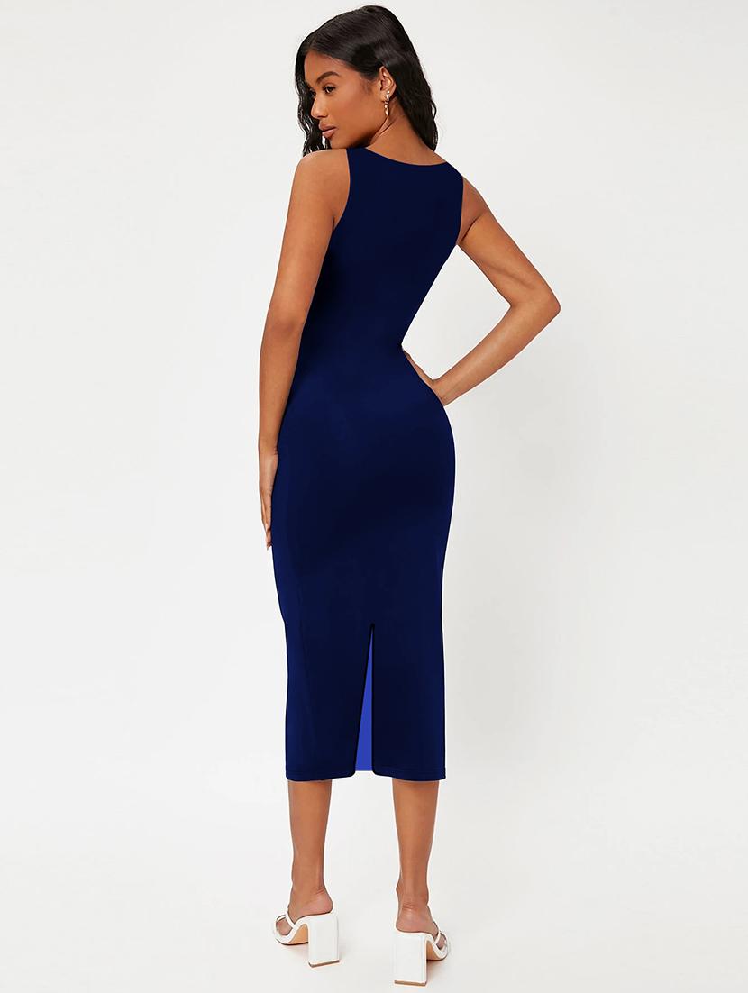 women solid round neck slim fit bodycon dress - 22008240 - Standard Image - 3