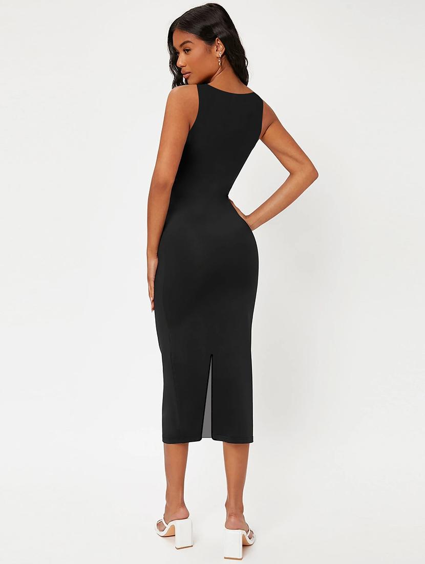 women solid round neck slim fit bodycon dress - 22008241 - Standard Image - 3