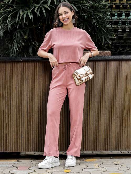 women solid short sleeve t-shirt & trouser co-ord set - 22008341 - Standard Image - 0