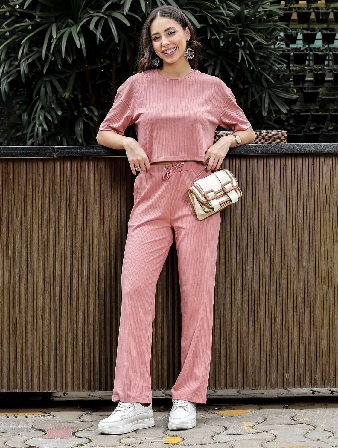women solid short sleeve t-shirt & trouser co-ord set - 22008341 - Zoom Image - 0
