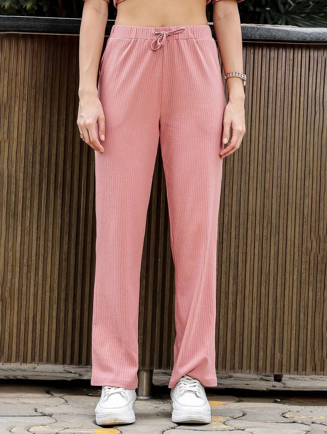 women solid short sleeve t-shirt & trouser co-ord set - 22008341 - Standard Image - 5