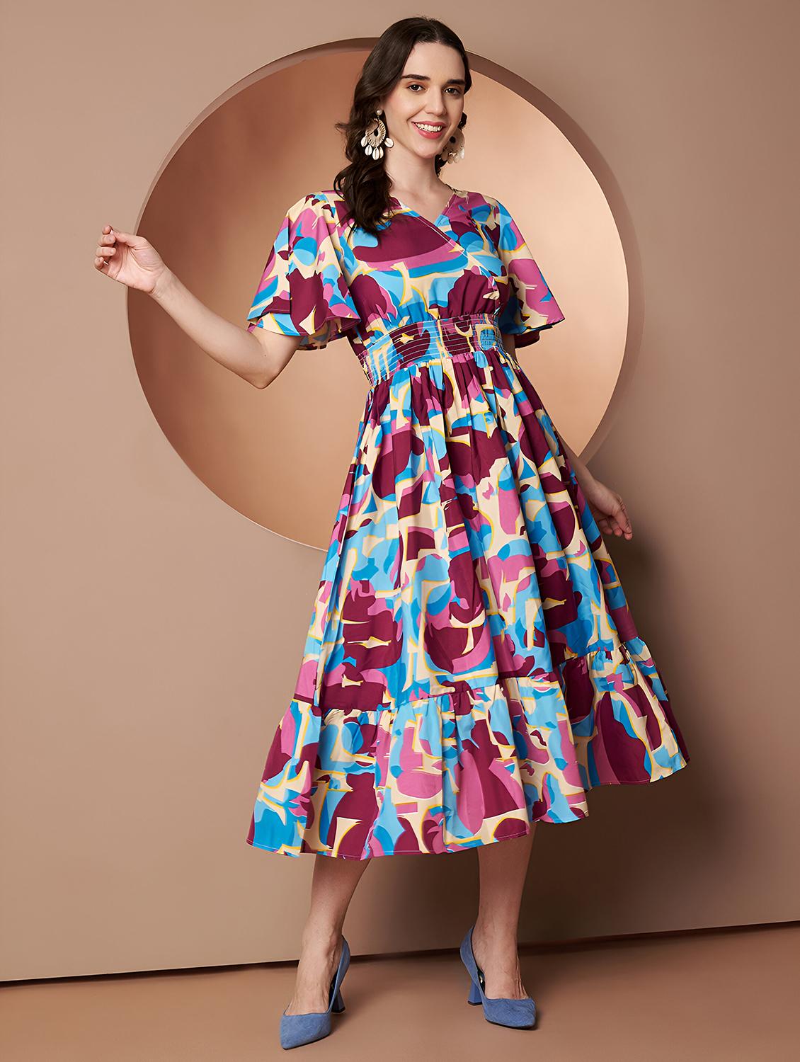 women abstract print flared sleeve tiered dress - 22008635 - Standard Image - 3