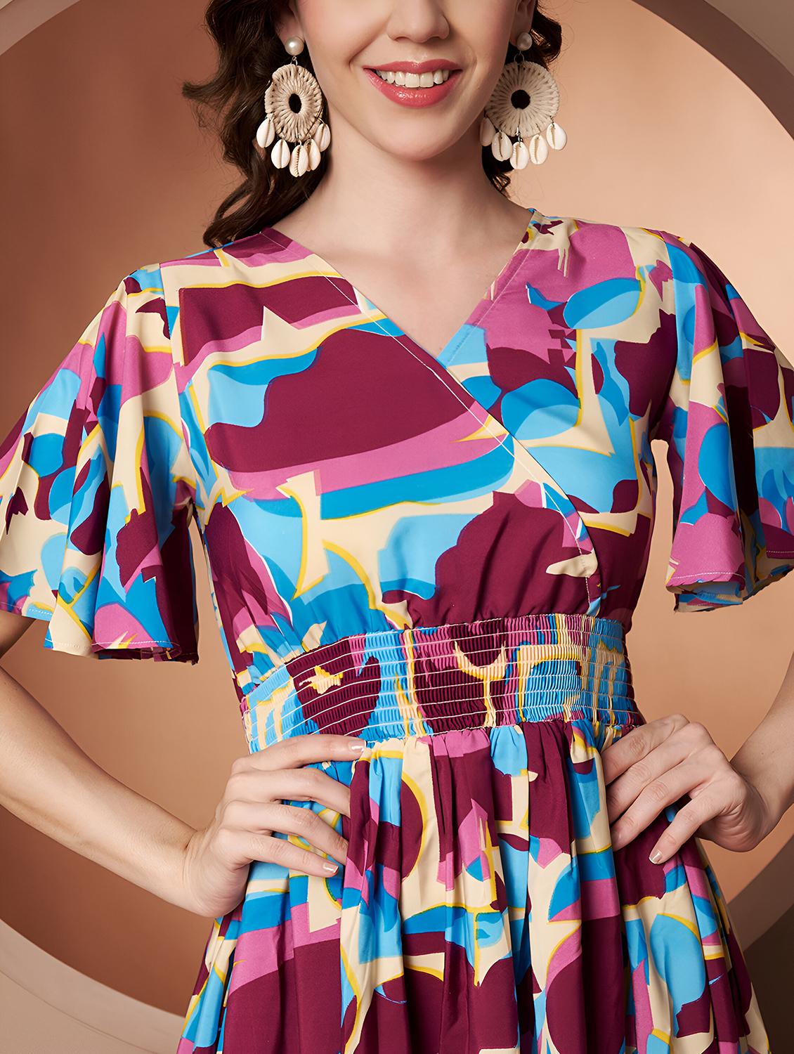 women abstract print flared sleeve tiered dress - 22008635 - Standard Image - 5