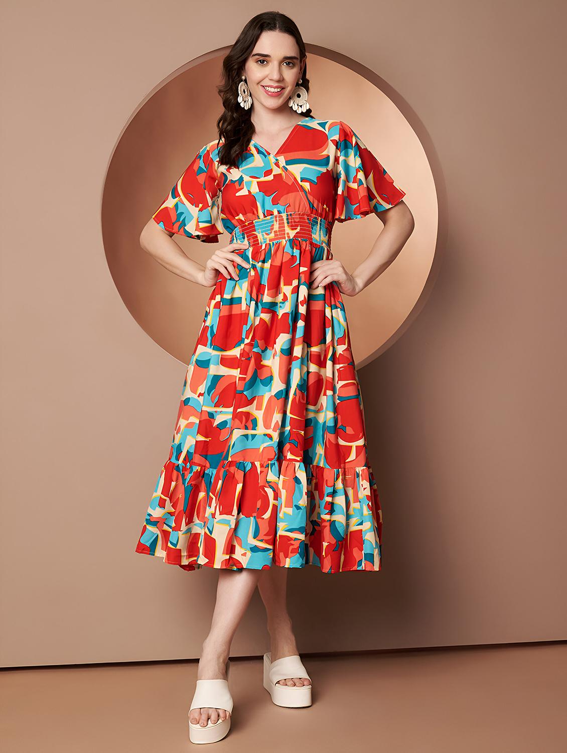 women abstract print flared sleeve tiered dress - 22008636 - Standard Image - 3