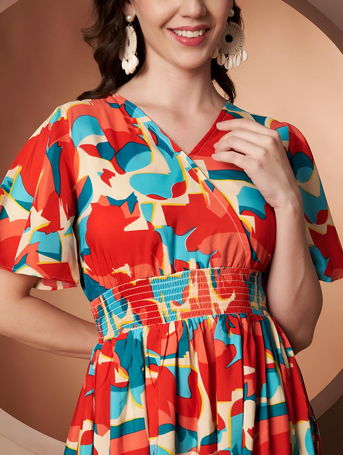 women abstract print flared sleeve tiered dress - 22008636 - Standard Image - 5