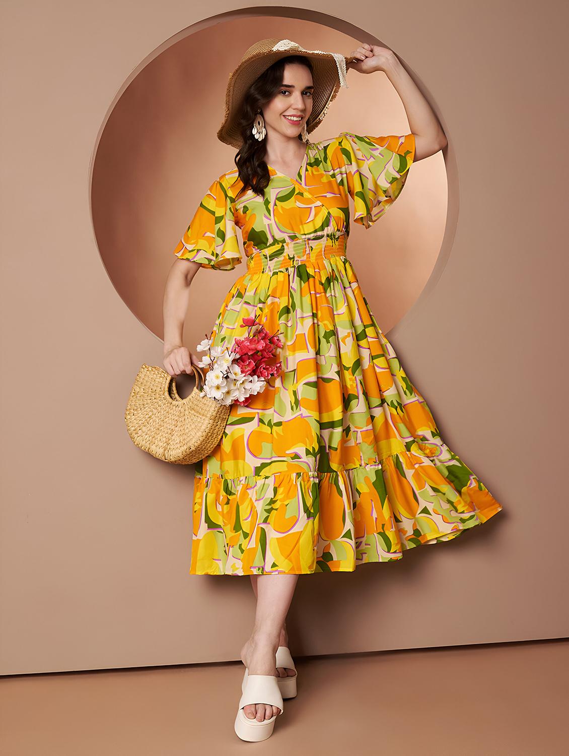 women abstract print flared sleeve tiered dress
