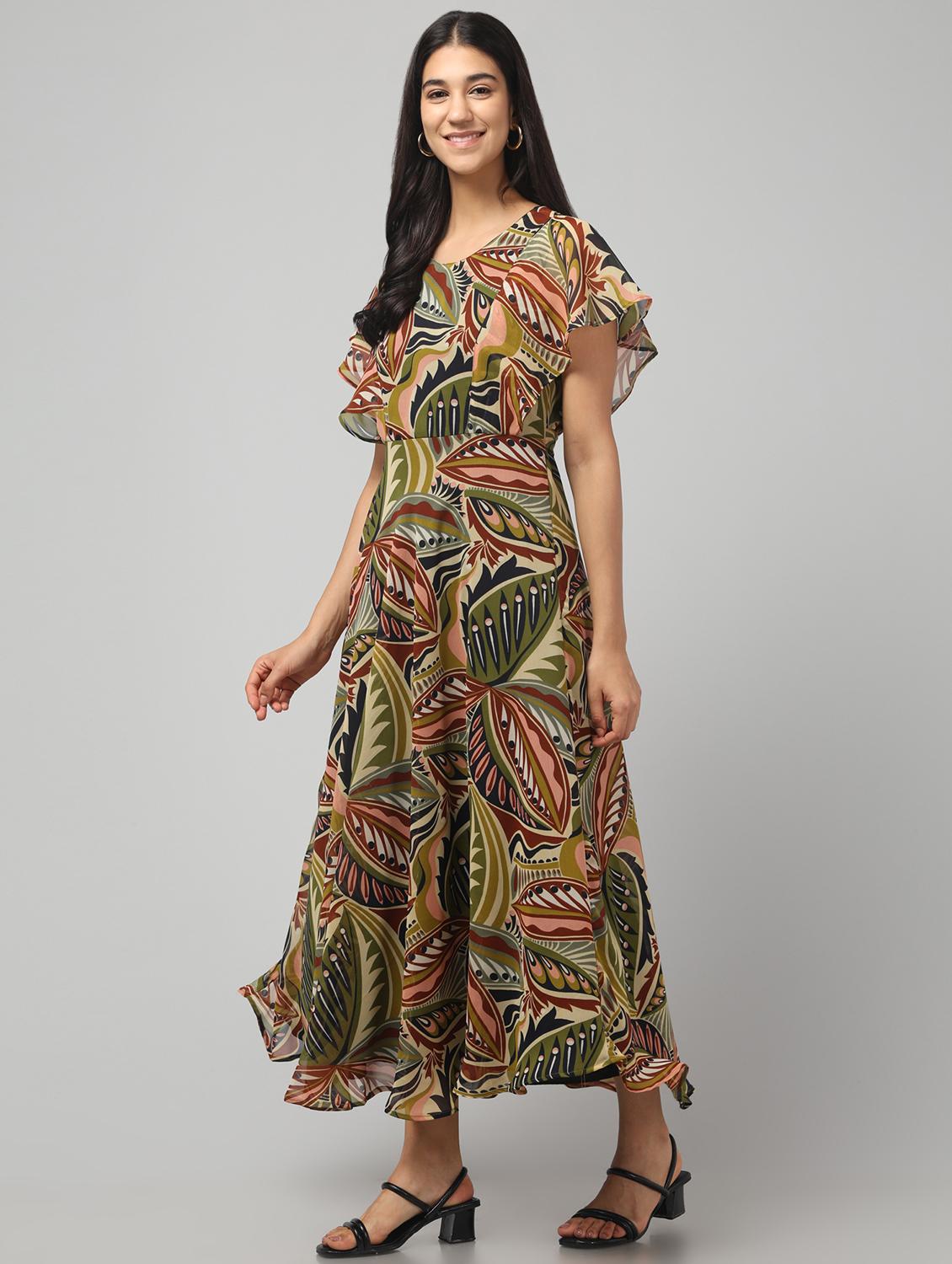 women printed flared sleeve fit and flared dress - 22008641 - Standard Image - 3