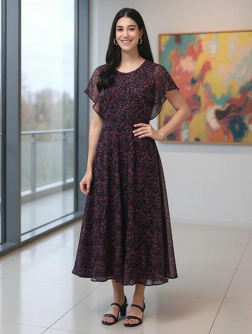 women floral print ruffle sleeve flared dress - 22008644 - Standard Image - 0
