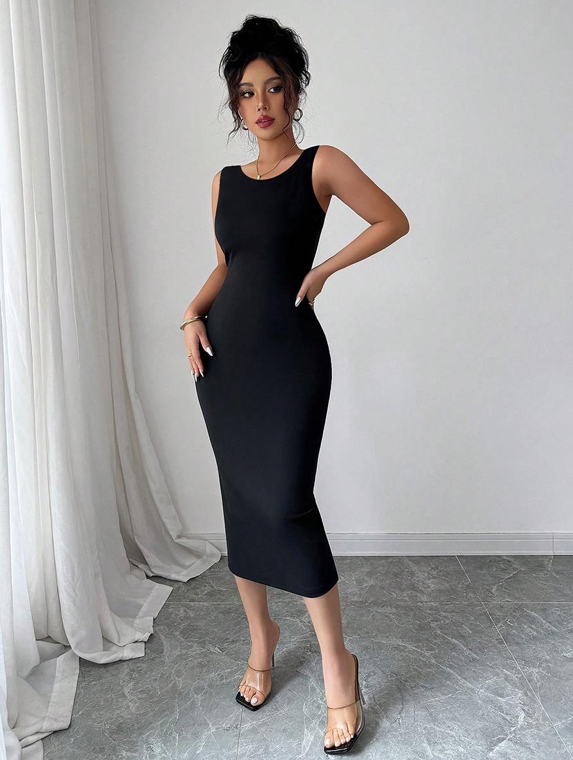 women solid round neck slim fit bodycon dress - 22008734 - Standard Image - 3